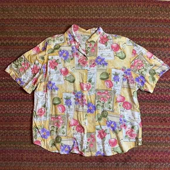 Vintage Tops - VTG COTTAGE CORE GRANDMA FRUIT FLORAL FARM BUTTON UP